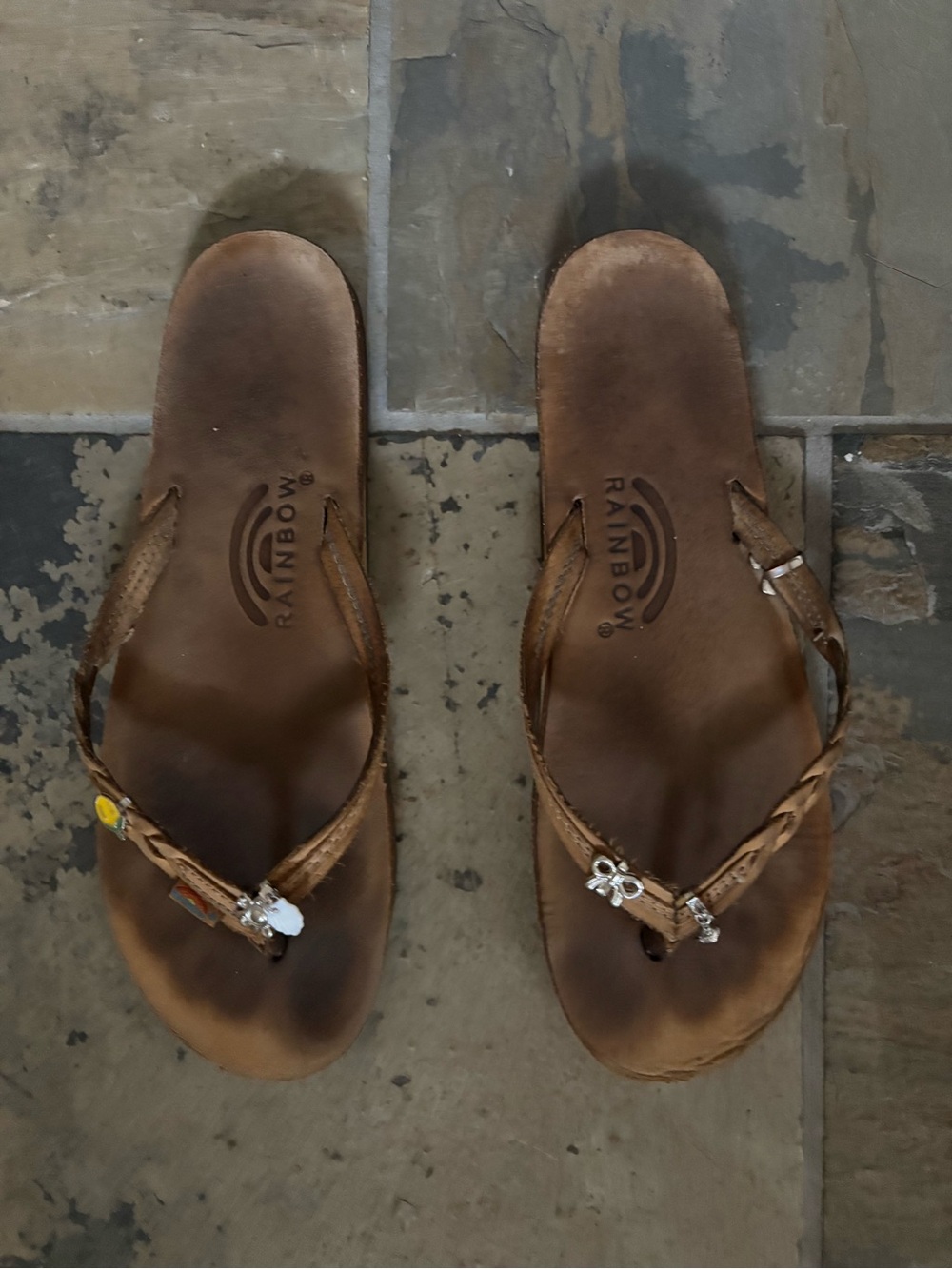 Rainbow Brown Braided Leather Thong Sandals with Charms